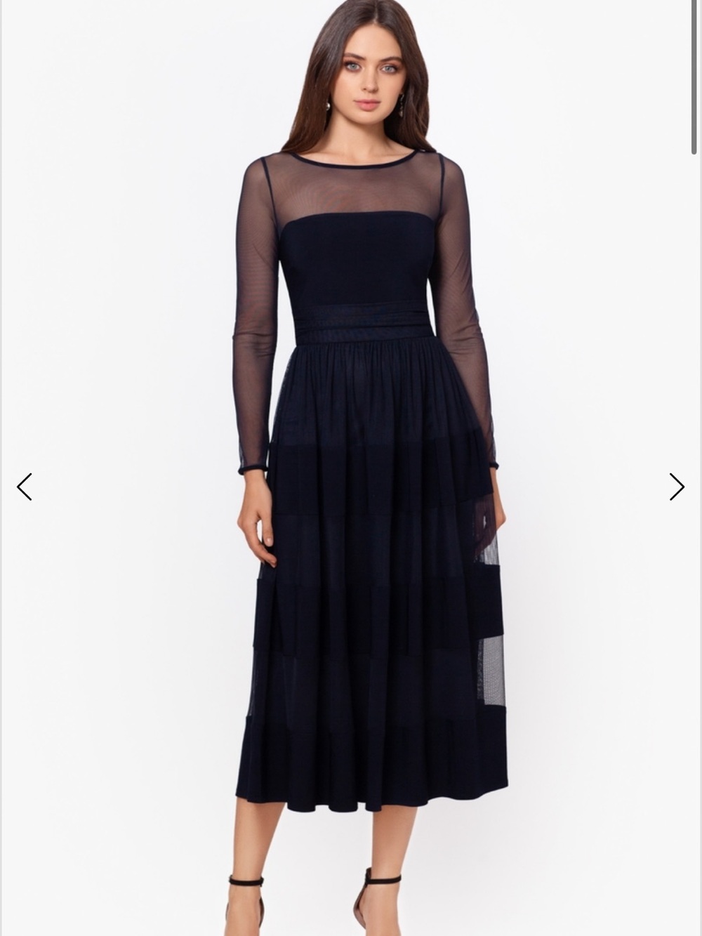 Betsy & Adam Navy Mesh Illusion Long Sleeve Tiered Midi Dress